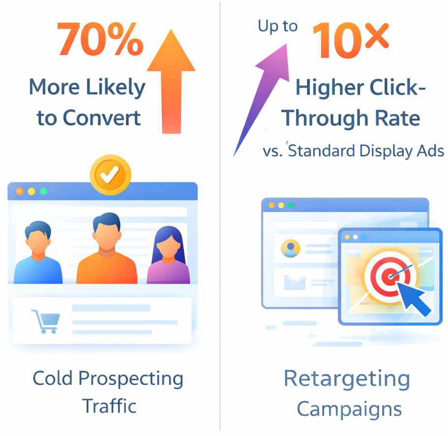 Infographic showing that retargeted users are 70% more likely to convert and retargeting ads have up to ten times higher click-through rate than standard display