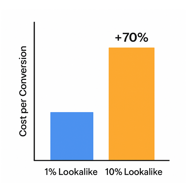 Bar chart comparing cost per conversion of 1% lookalike audience vs 10% lookalike audience, showing 10% audience has about 70% higher cost