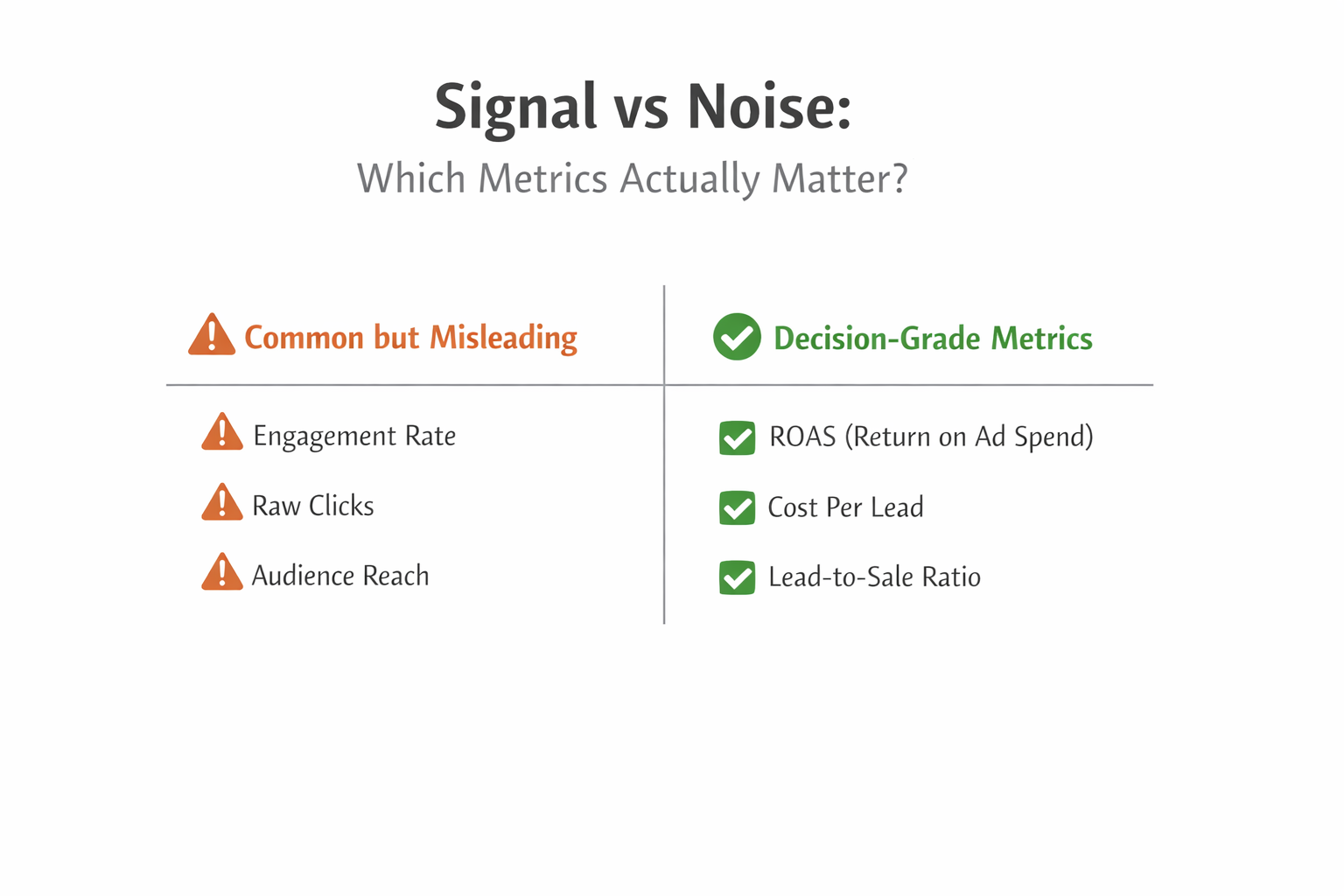 Infographic comparing misleading vs decision-grade ad metrics for better Facebook and Instagram ad performance.