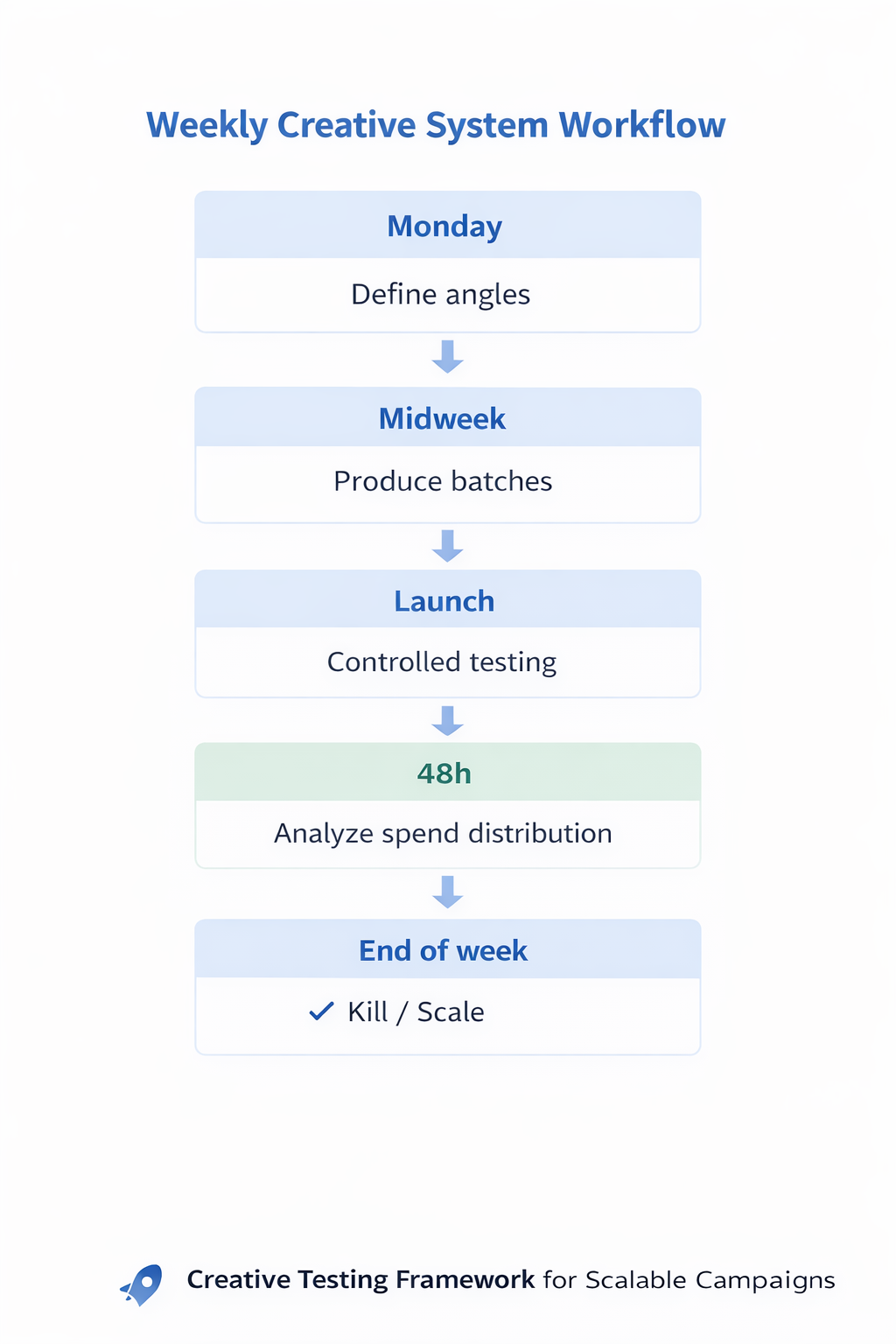 Weekly creative workflow showing steps from defining angles to scaling or killing ads based on spend distribution