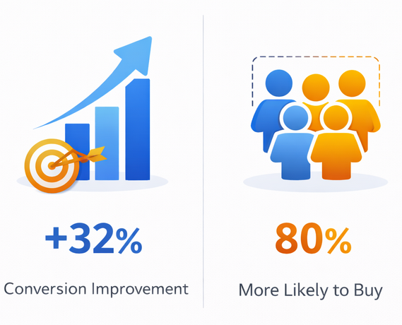Infographic showing that personalized campaigns improve conversion rates by 32% and 80% of consumers prefer brands with personalized experiences