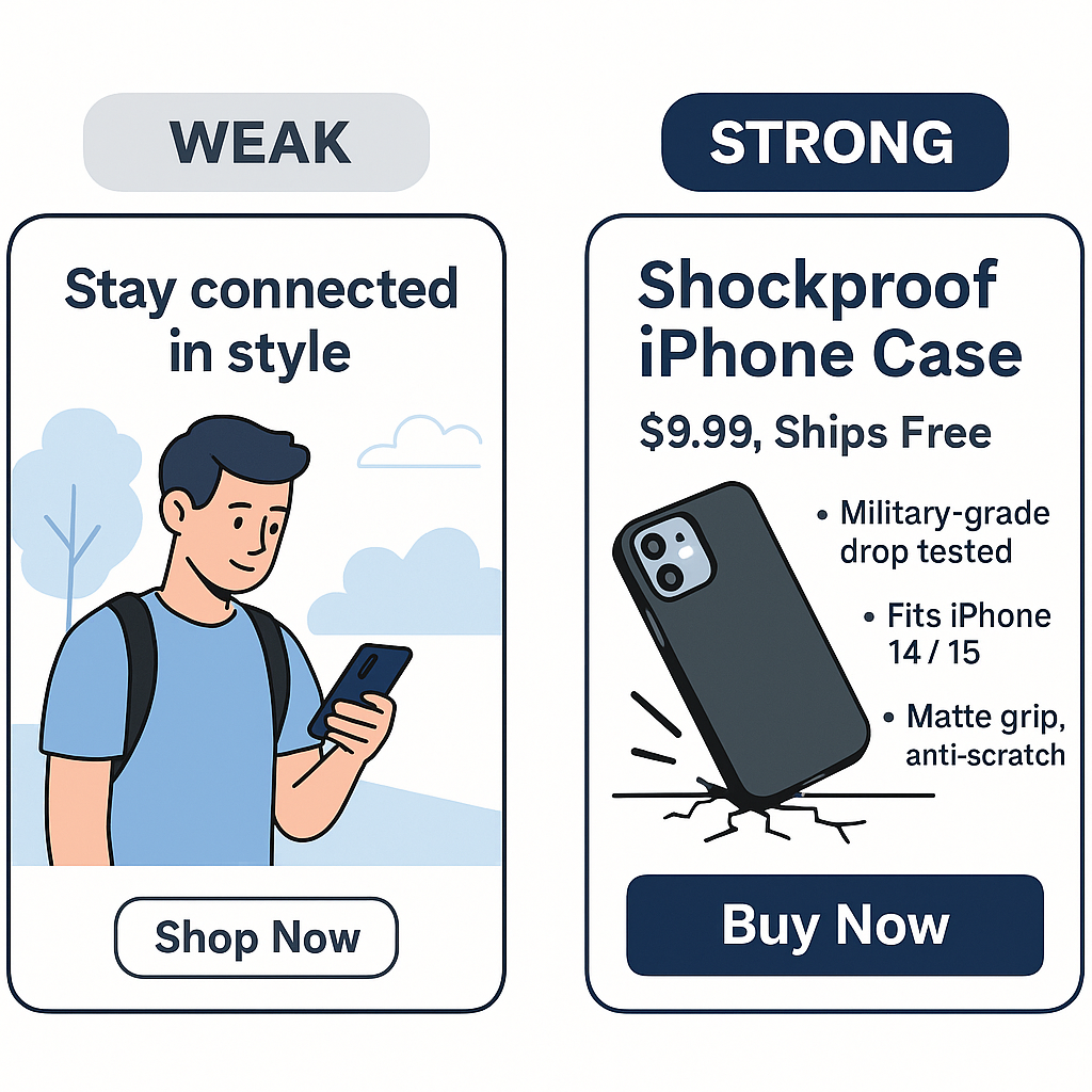 Side-by-side illustration of two phone case ads; the weak version shows vague lifestyle messaging, while the strong version highlights price, features, and product imagery.