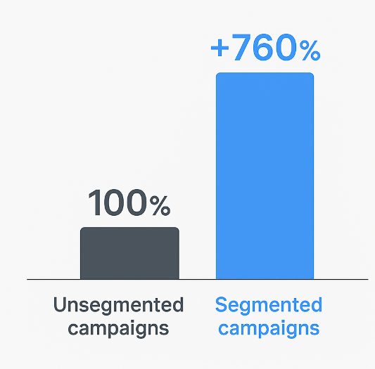 Bar chart showing baseline revenue at 100% and segmented campaigns revenue at about 860%, illustrating a 760% increase