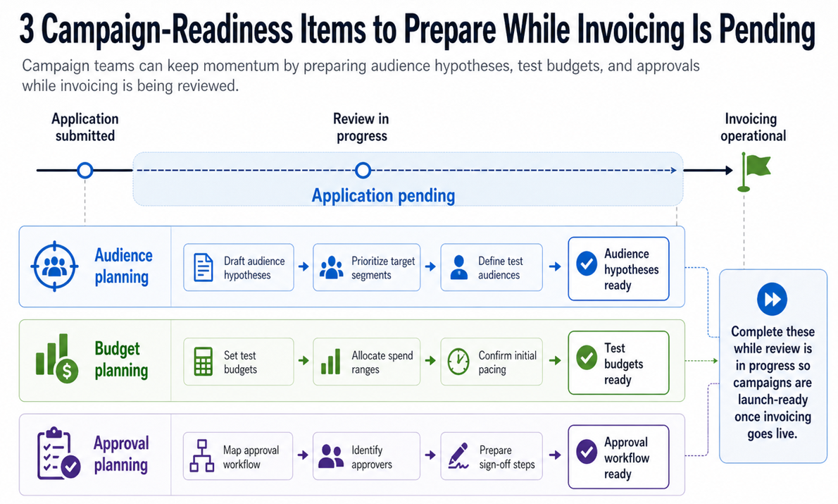 Timeline showing three campaign-readiness workstreams during monthly invoicing application: audience hypotheses, test budgets, and approval workflow