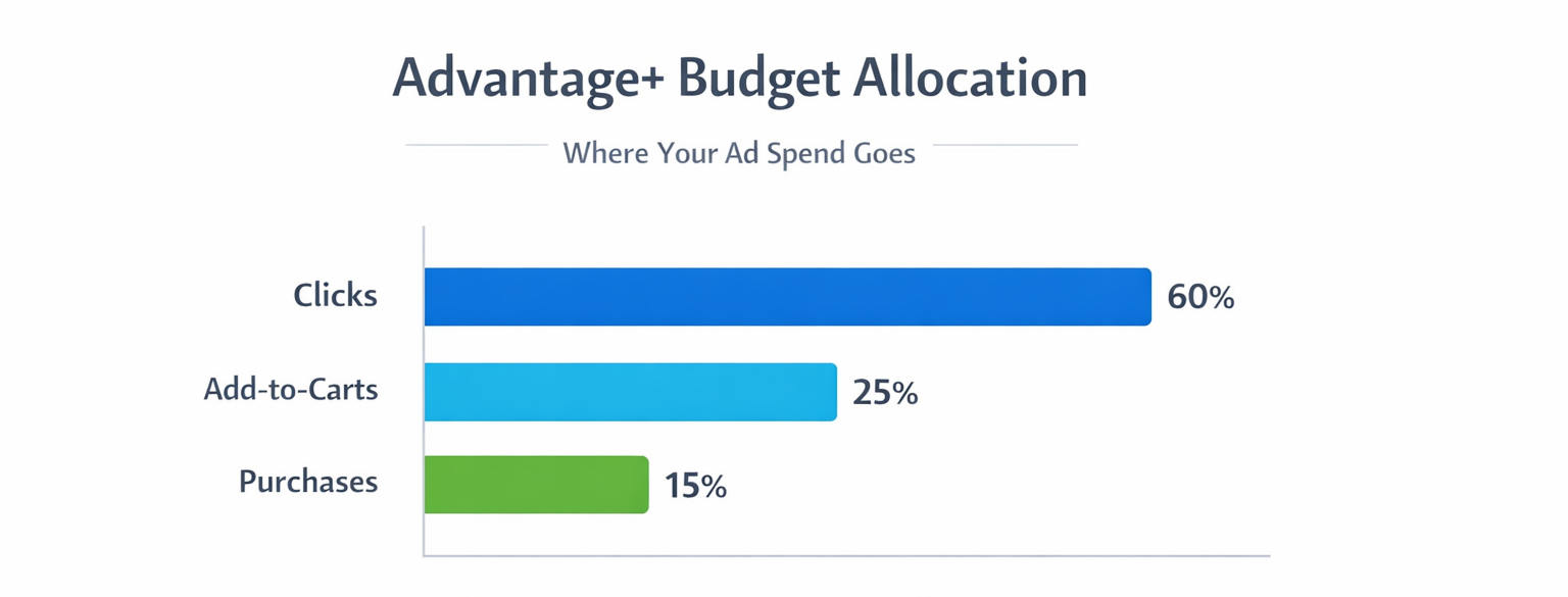 Horizontal bar chart showing how Meta&rsquo;s Advantage+ campaigns allocate spend: 60% to clicks, 25% to add-to-carts, and 15% to purchases, highlighting budget bias toward early signals.