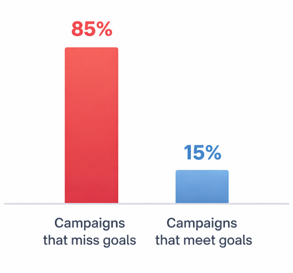 Bar chart comparing campaign outcomes: 85% of marketing campaigns fail to meet goals versus 15% that succeed