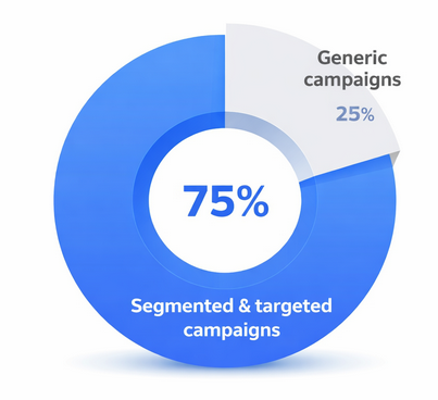Pie chart showing that over 75 percent of email marketing ROI comes from segmented and targeted campaigns compared to generic campaigns