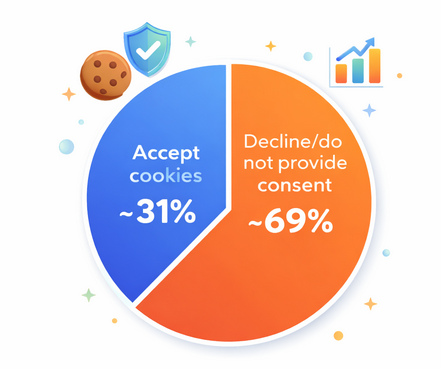 Donut chart showing that about 31 percent of users accept cookie tracking while roughly 69 percent decline or ignore consent banners