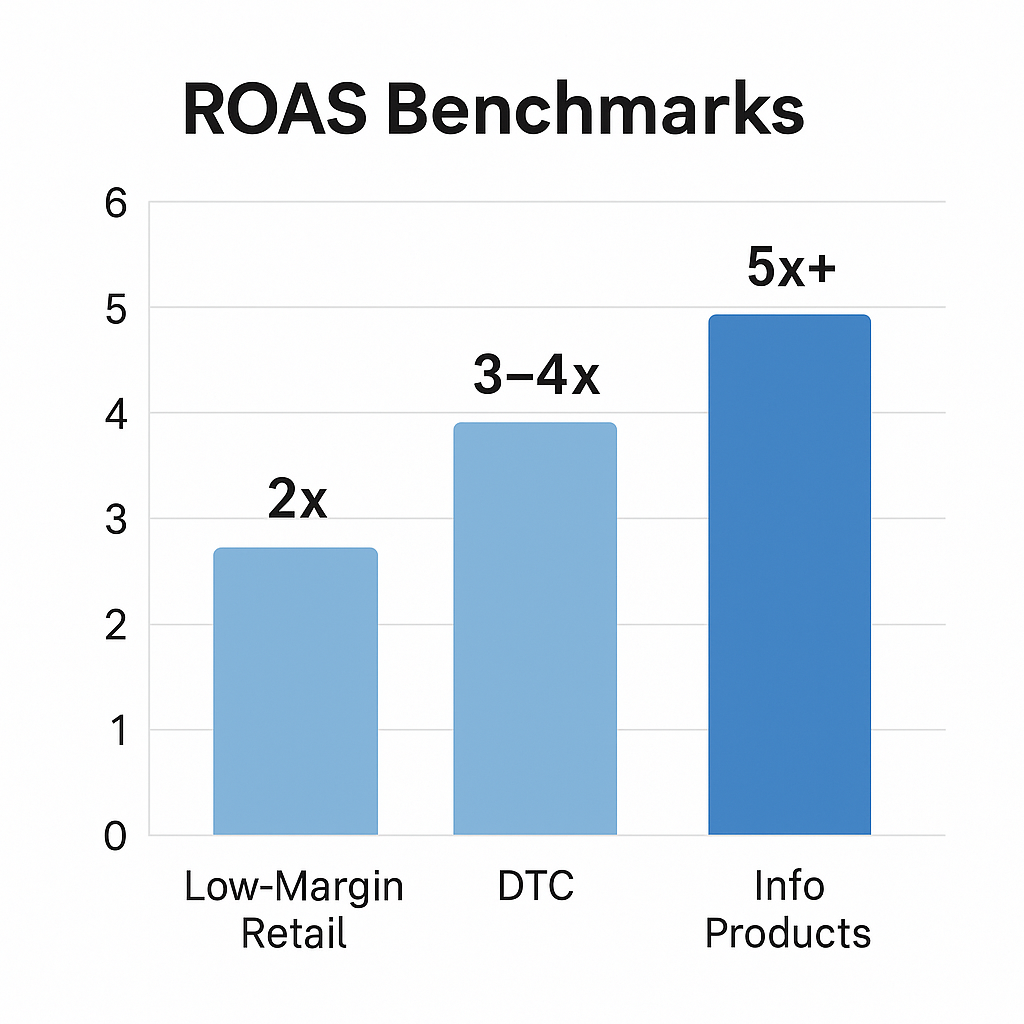 Bar chart showing typical Facebook ROAS benchmarks: 2x for Low-Margin Retail, 3–4x for DTC, and 5x+ for Info Products.