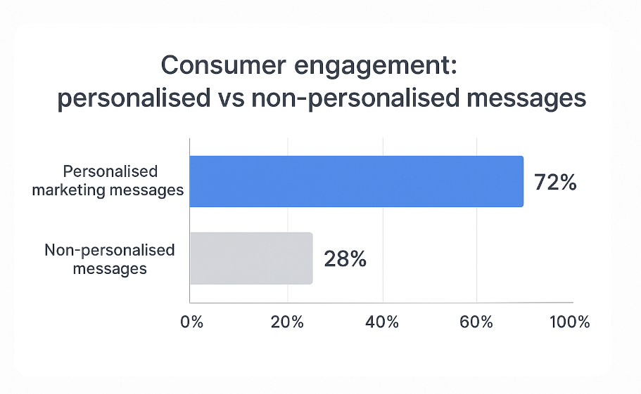A horizontal bar chart comparing engagement rates—72% for personalised marketing messages and 28% for non-personalised messages, using blue and grey bars