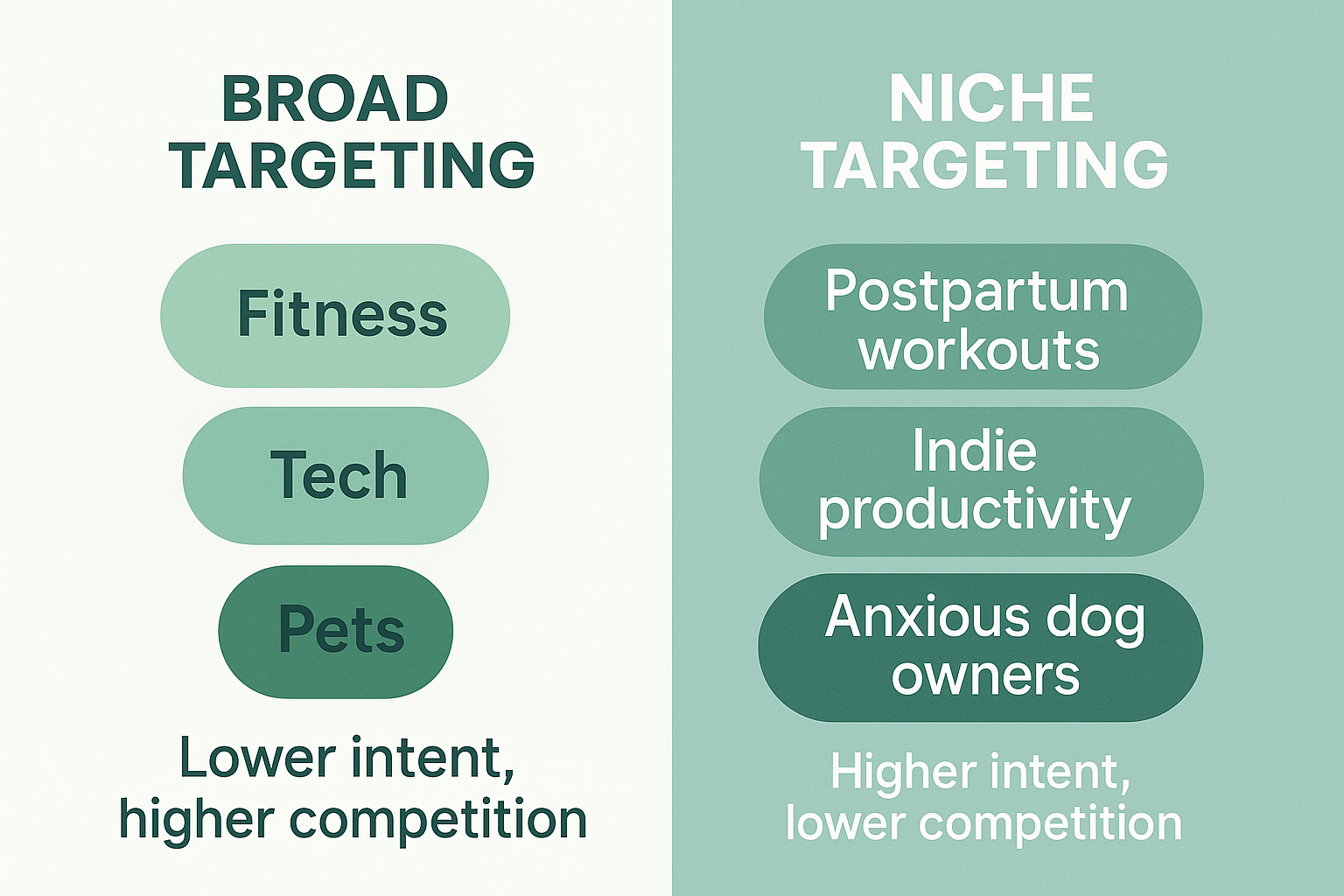 Comparison of broad vs niche targeting in digital marketing, showing examples and intent levels.