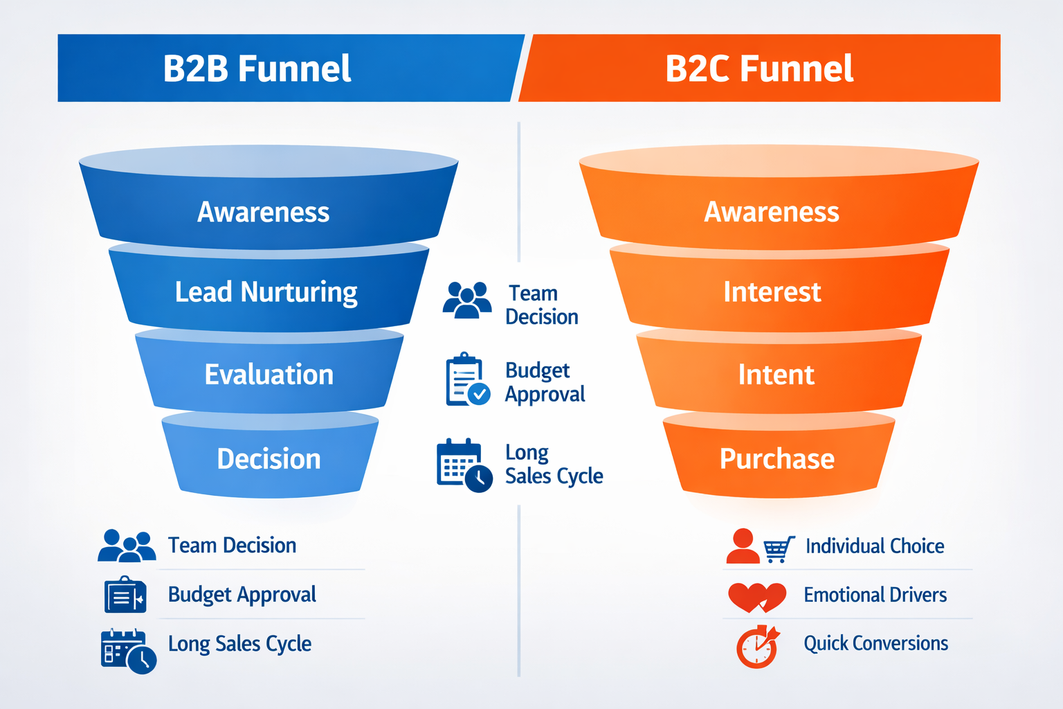 Side-by-side comparison of B2B and B2C marketing funnels showing differences in stages, decision-makers, and timelines.