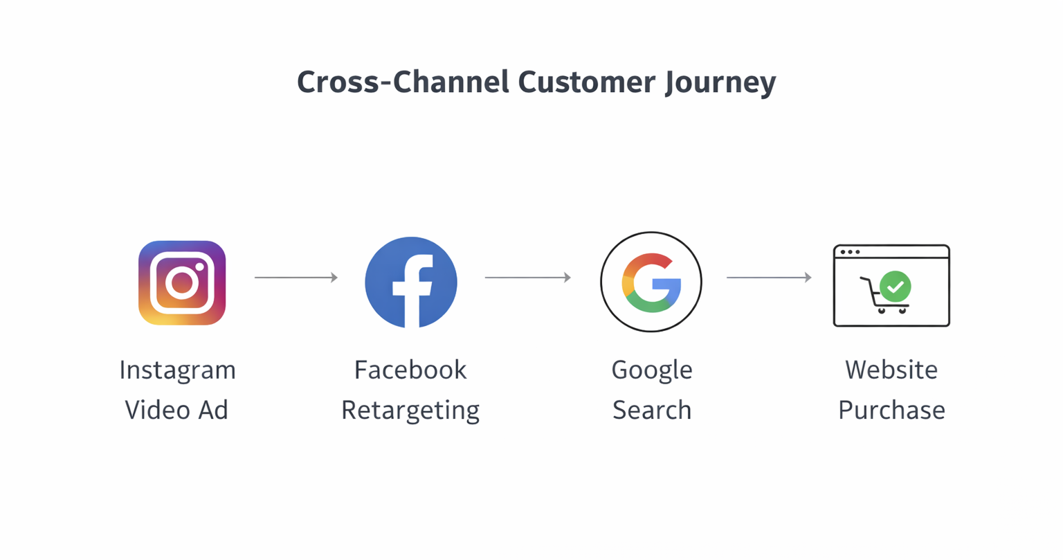 Infographic showing a customer journey from Instagram Video Ad to Facebook Retargeting to Google Search to Website Purchase, labeled awareness, consideration, and conversion.