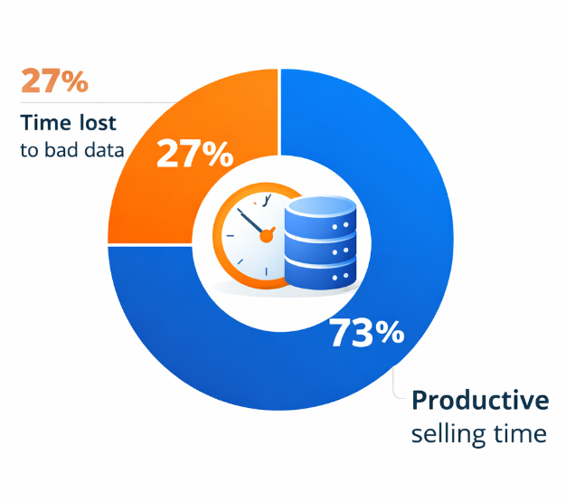 Donut chart showing 27% of sales time lost to bad CRM data and 73% remaining productive time