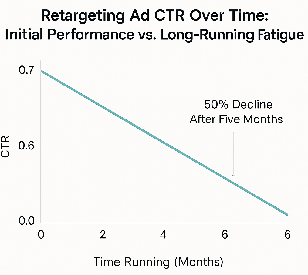 Line chart showing retargeting ad CTR starting around 0.7% and decreasing by about 50% after five months