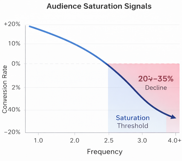 Line chart showing conversion rate dropping by 20&ndash;35% as audience frequency increases from 2.5 to 4.0