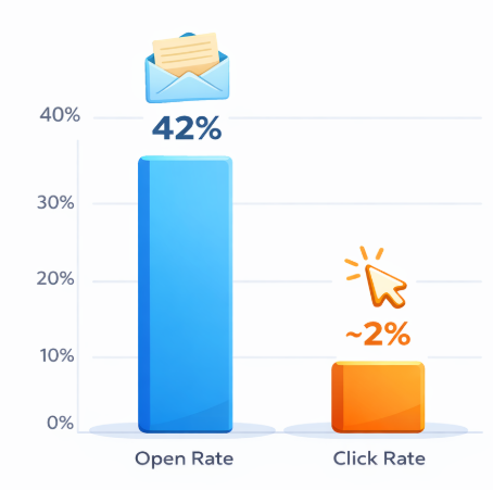 Bar chart showing average email marketing engagement metrics, including roughly 42% open rate and about 2% click rate across industries