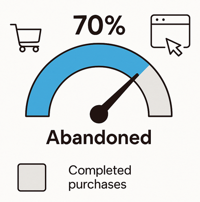 Gauge chart showing shopping cart abandonment rate at about 70 % of carts abandoned