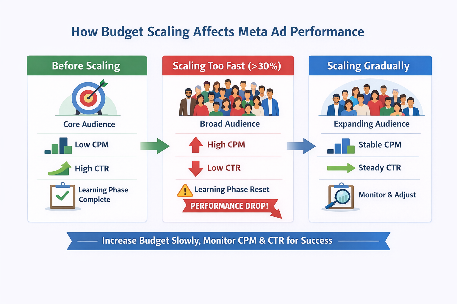 2D infographic showing how fast vs gradual Meta ad budget scaling affects CPM, CTR, and learning phase stability.