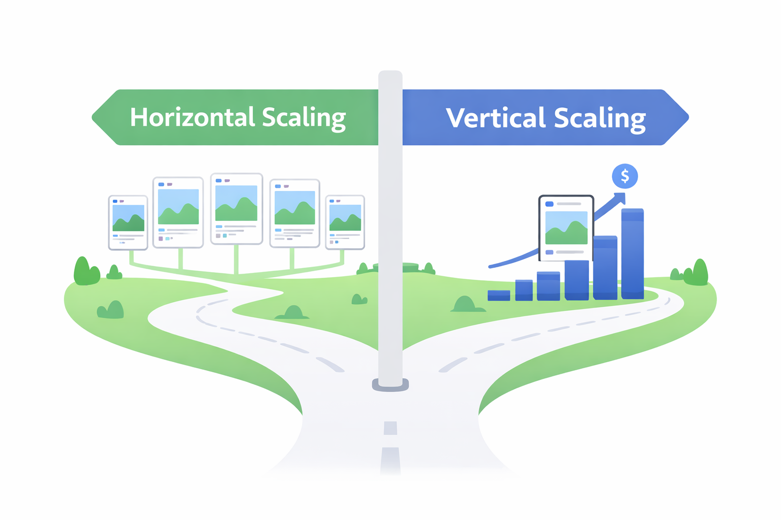 Illustration of a forked road showing horizontal scaling with multiple ad sets and vertical scaling with rising budget bars.