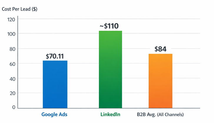 Bar chart showing average cost per lead for Google Ads ($70.11), LinkedIn (~$110), and the overall B2B average ($84)