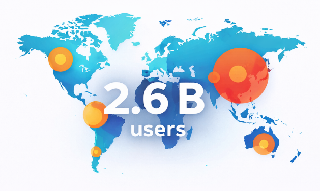 A world map infographic indicating Instagram&rsquo;s 2.6 billion monthly active users with region-highlighted usage intensity