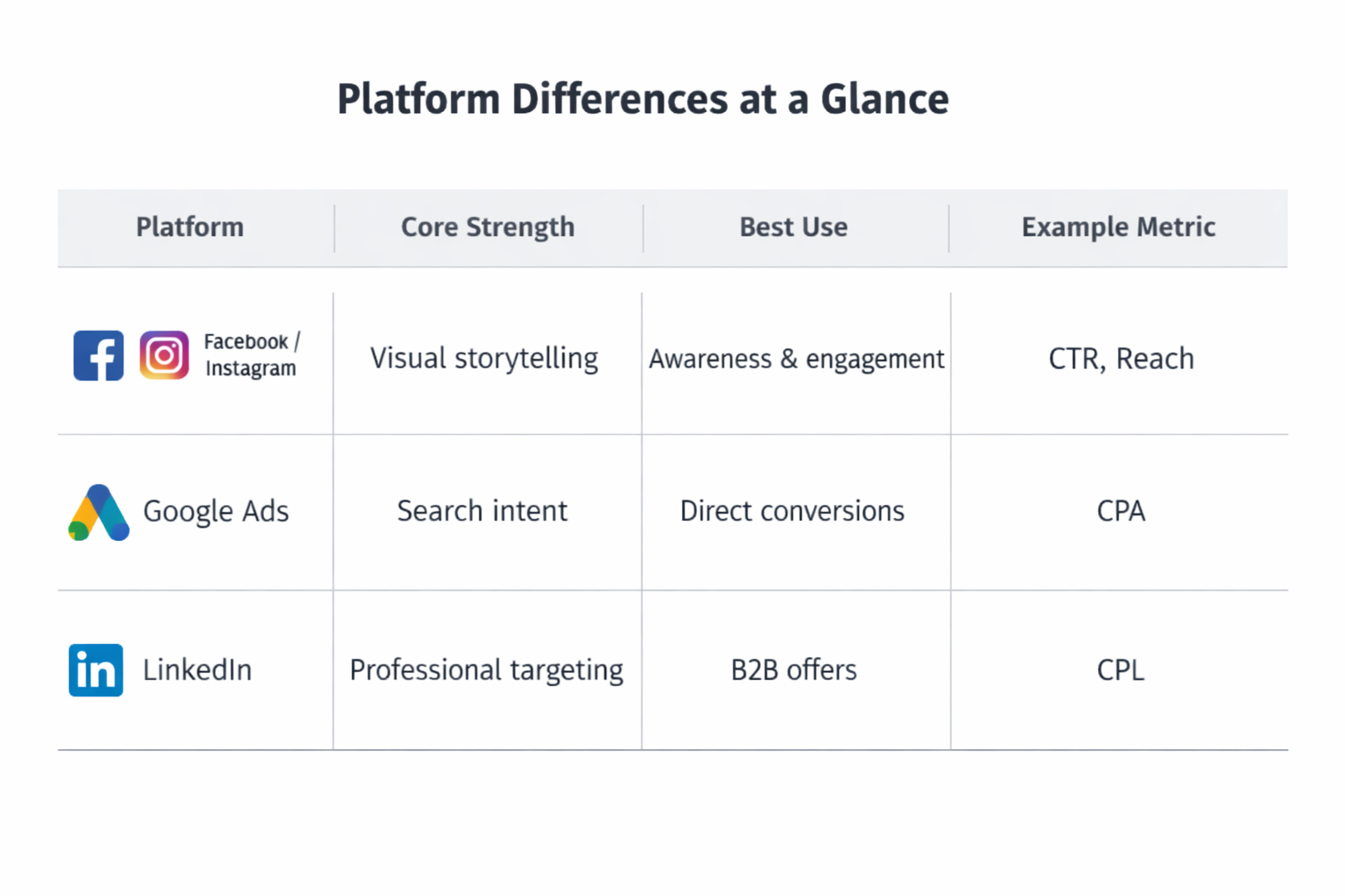 Infographic table comparing Facebook/Instagram, Google Ads, and LinkedIn by core strength, best use, and example metrics.
