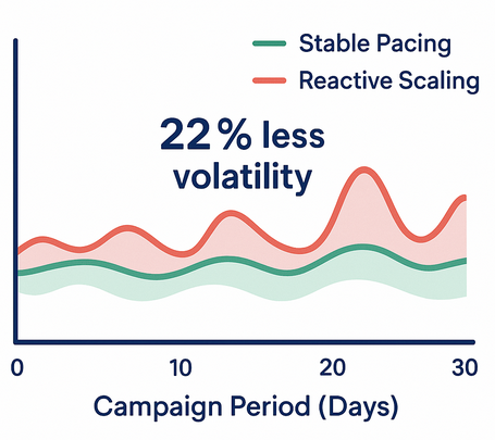 Line graph comparing ROAS variability for stable pacing vs reactive spend scaling: stable line is much flatter, reactive line fluctuates widely showing ~22% higher volatility