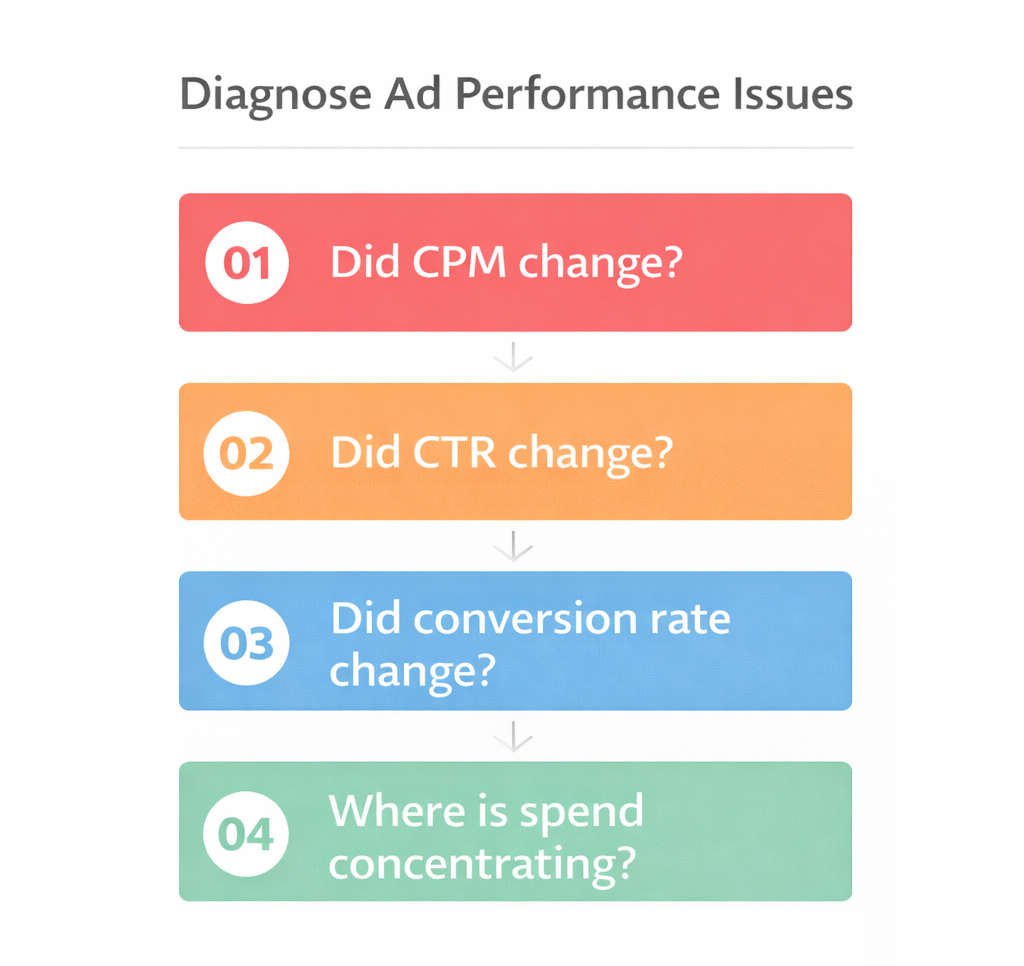 Vertical four-step infographic showing CPM, CTR, conversion rate, and spend concentration diagnostic flow for Meta Ads.