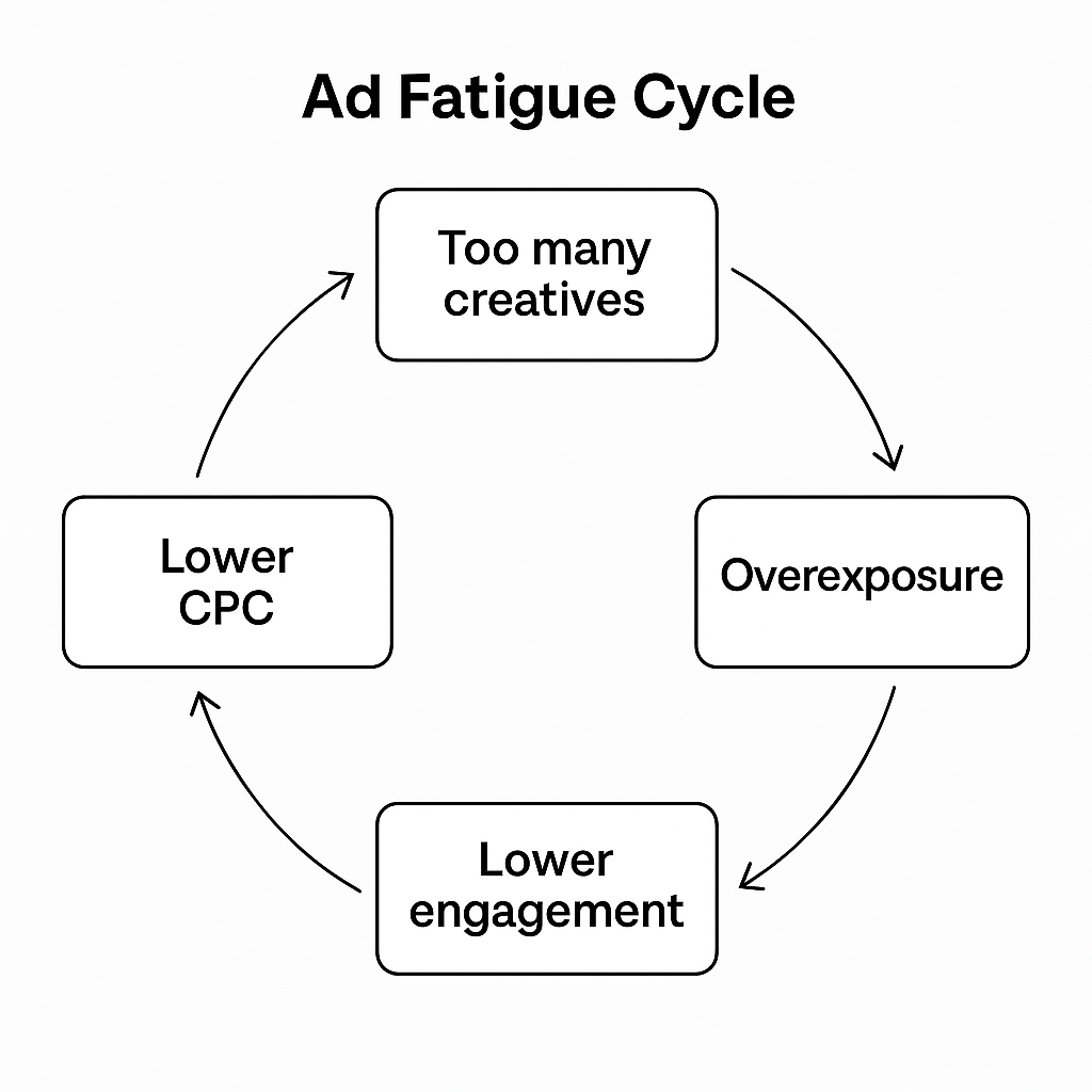 Circular flowchart showing the ad fatigue cycle: Too many creatives → Overexposure → Lower engagement → Higher CPC → Lower ROI.