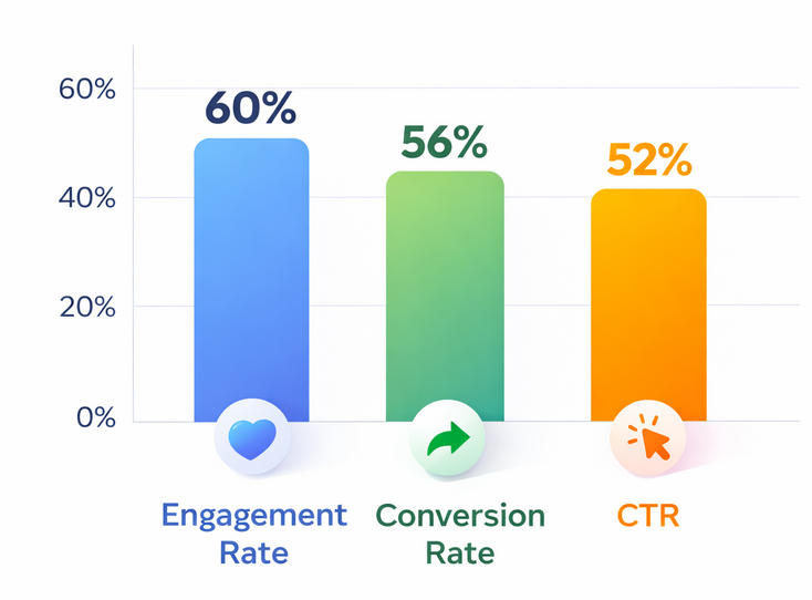 Grouped column chart showing marketer priority KPIs: engagement rate 60%, conversion rate 56%, CTR 52%