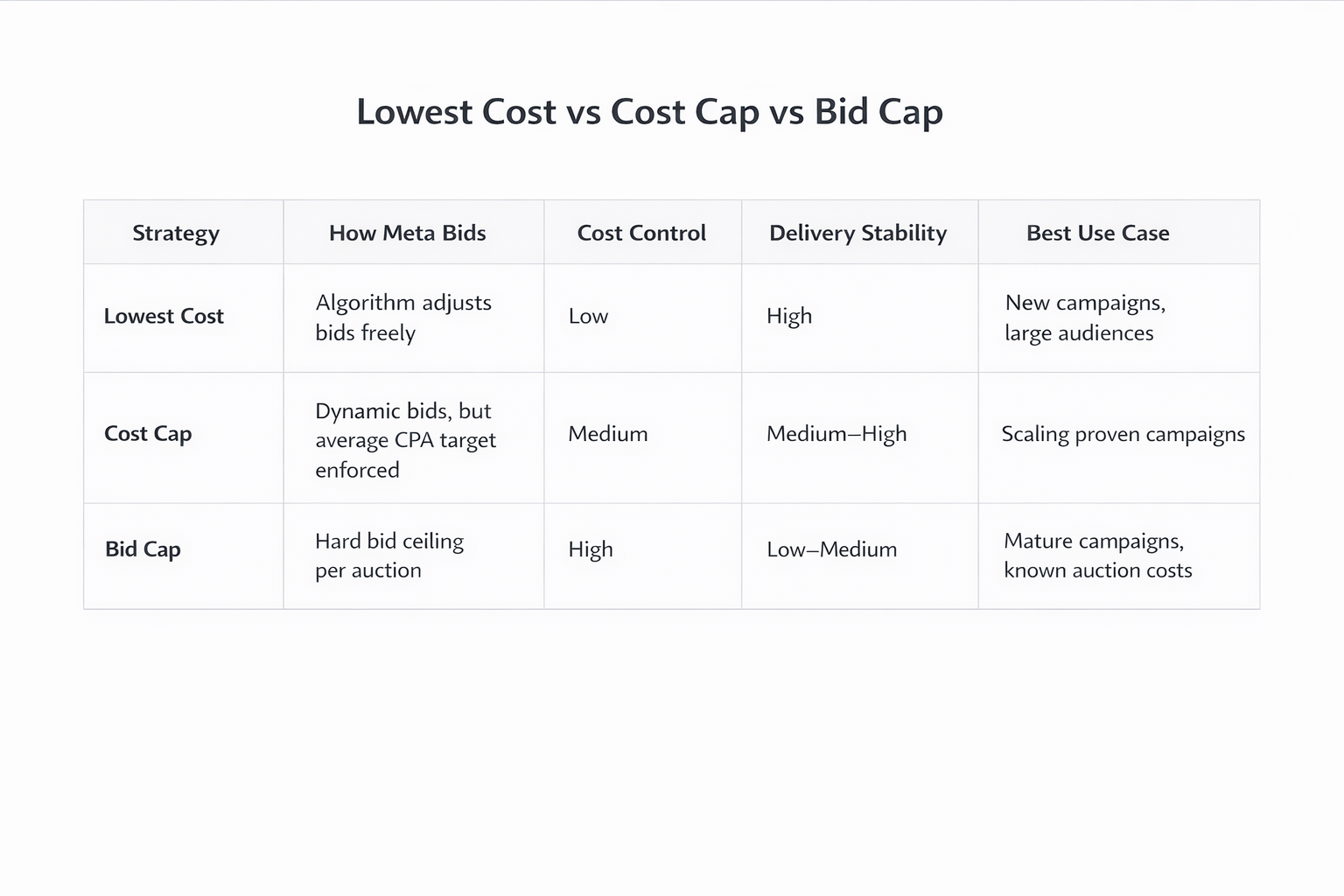 Table comparing Meta ad bidding strategies: Lowest Cost, Cost Cap, and Bid Cap.