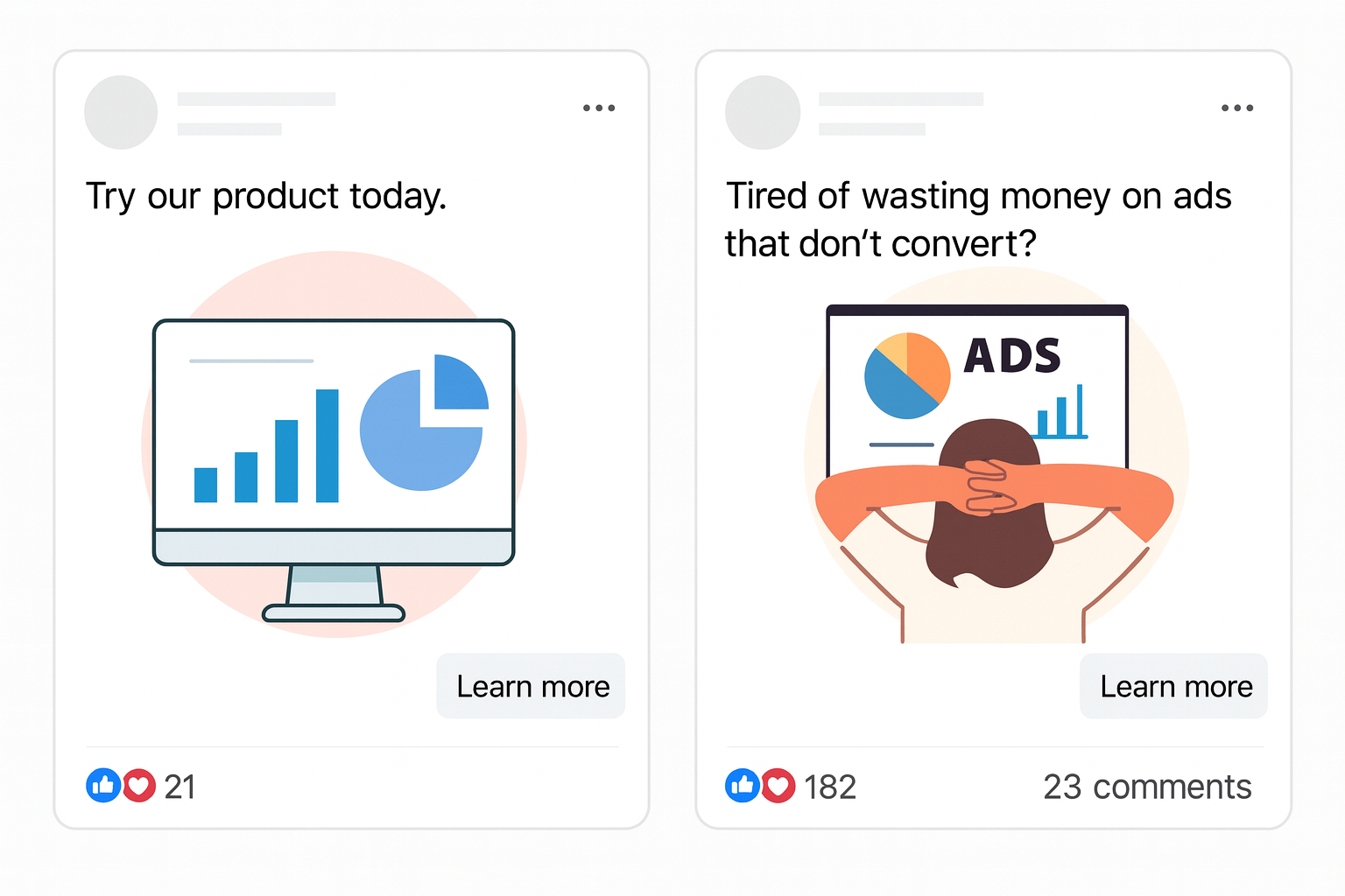Comparison of two Facebook ads showing the difference between a weak and strong hook