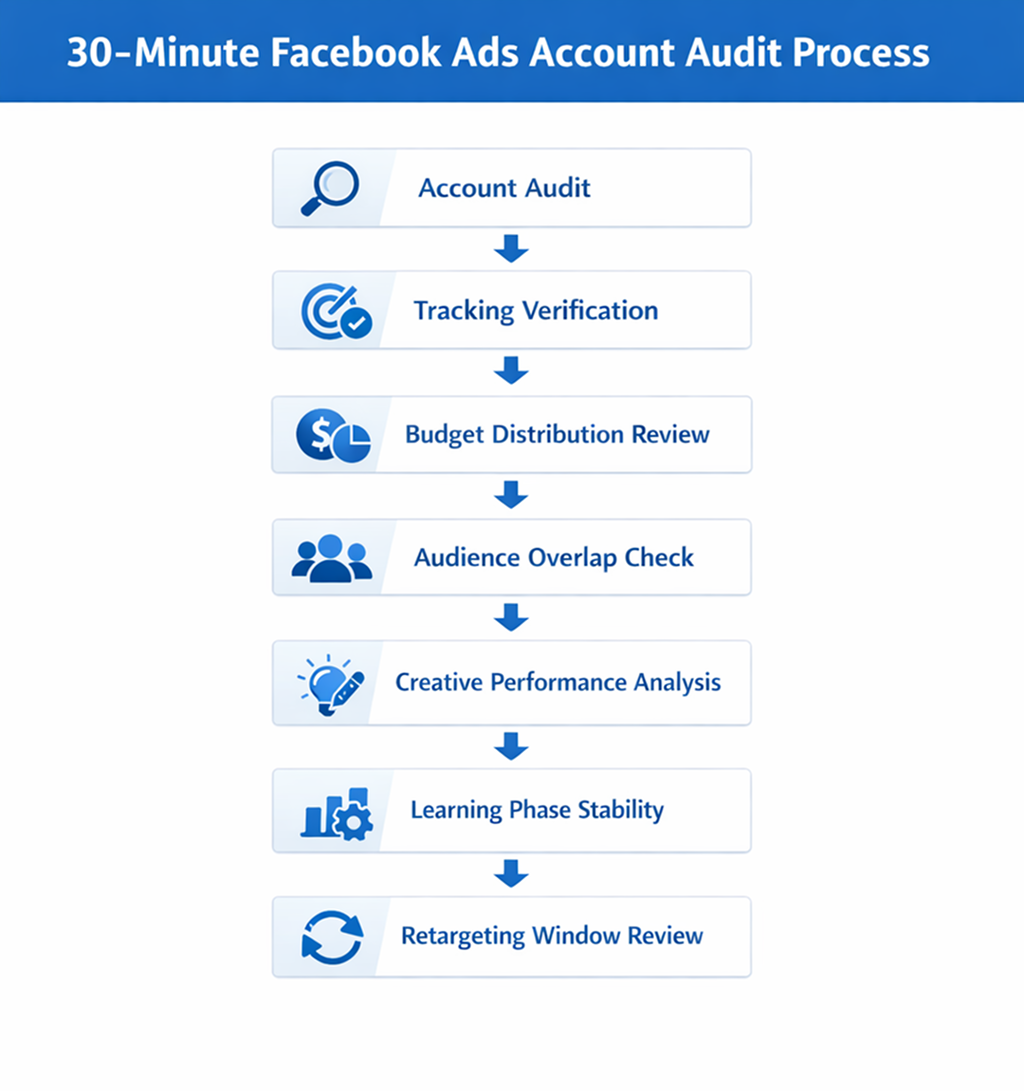 Flow diagram showing the step-by-step process for auditing a Facebook Ads account in 30 minutes, from tracking verification to attribution review.