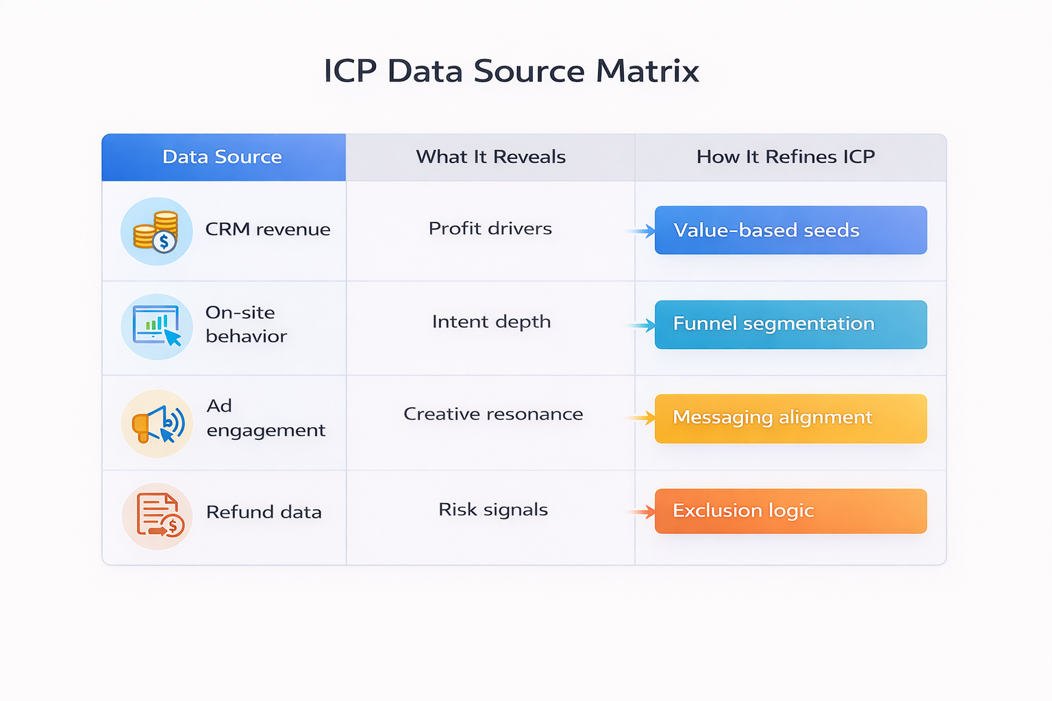 Strategic ICP data source matrix showing CRM revenue, behavior, engagement, and refund data for precise Meta targeting