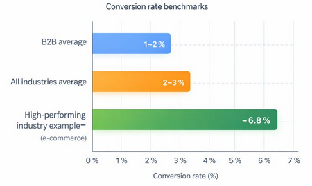 Bar chart comparing average conversion rates: B2B ~1 &ndash; 2 %, all industries ~2 &ndash; 3 %, and a high-performing segment ~6%