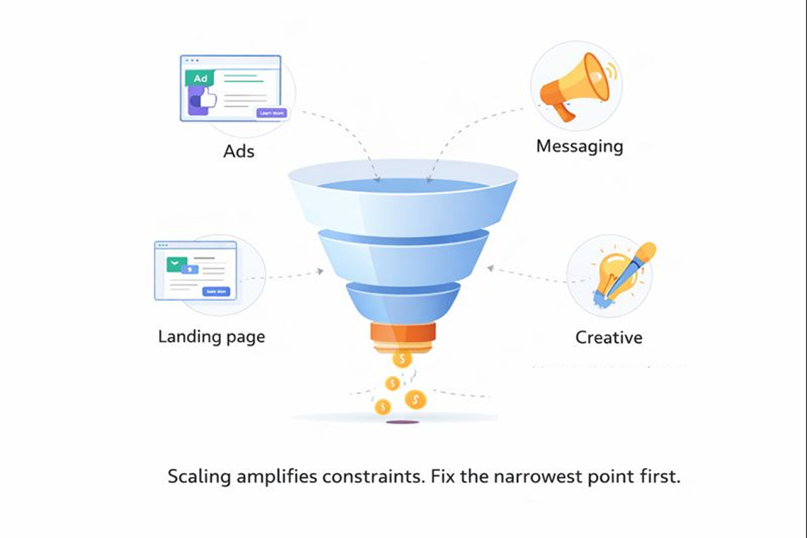Paid social scaling funnel showing ads, creative, messaging, and landing page bottlenecks.