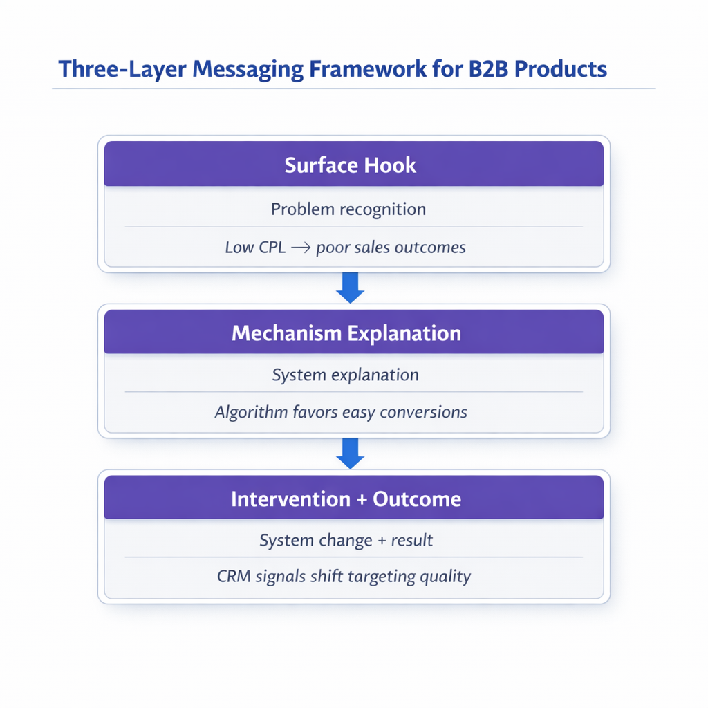 Stacked diagram showing hook, mechanism, and outcome messaging layers