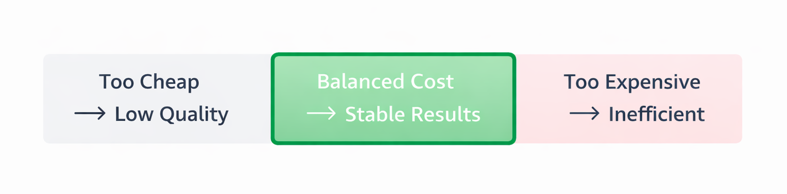 Cost range bar showing cheap, balanced, and expensive acquisition zones