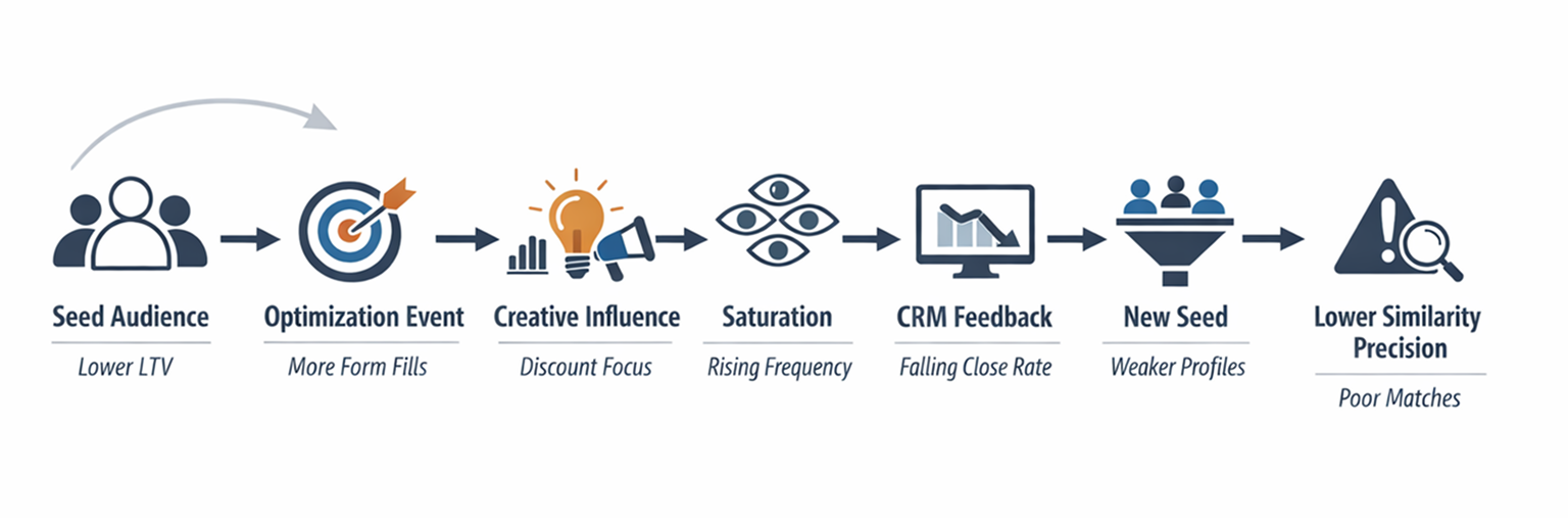 Flow diagram showing how Lookalike Audience quality declines through seed changes, optimization shifts, saturation, and CRM feedback.