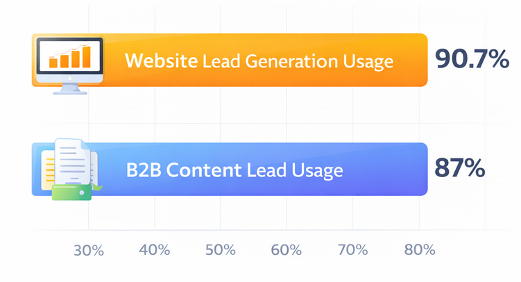 Horizontal comparison chart showing 90.7% of marketers use websites and 87% of B2B marketers use content for lead generation