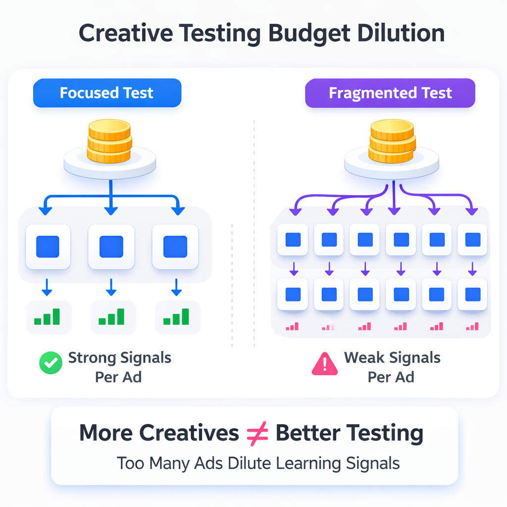 Budget dilution diagram comparing focused creative testing with fragmented testing using the same ad icons.