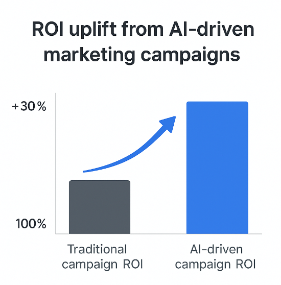 A vertical bar chart showing traditional campaign ROI at 100% and AI-driven campaign ROI increased by +20% to +30%, with an upward blue arrow highlighting growth