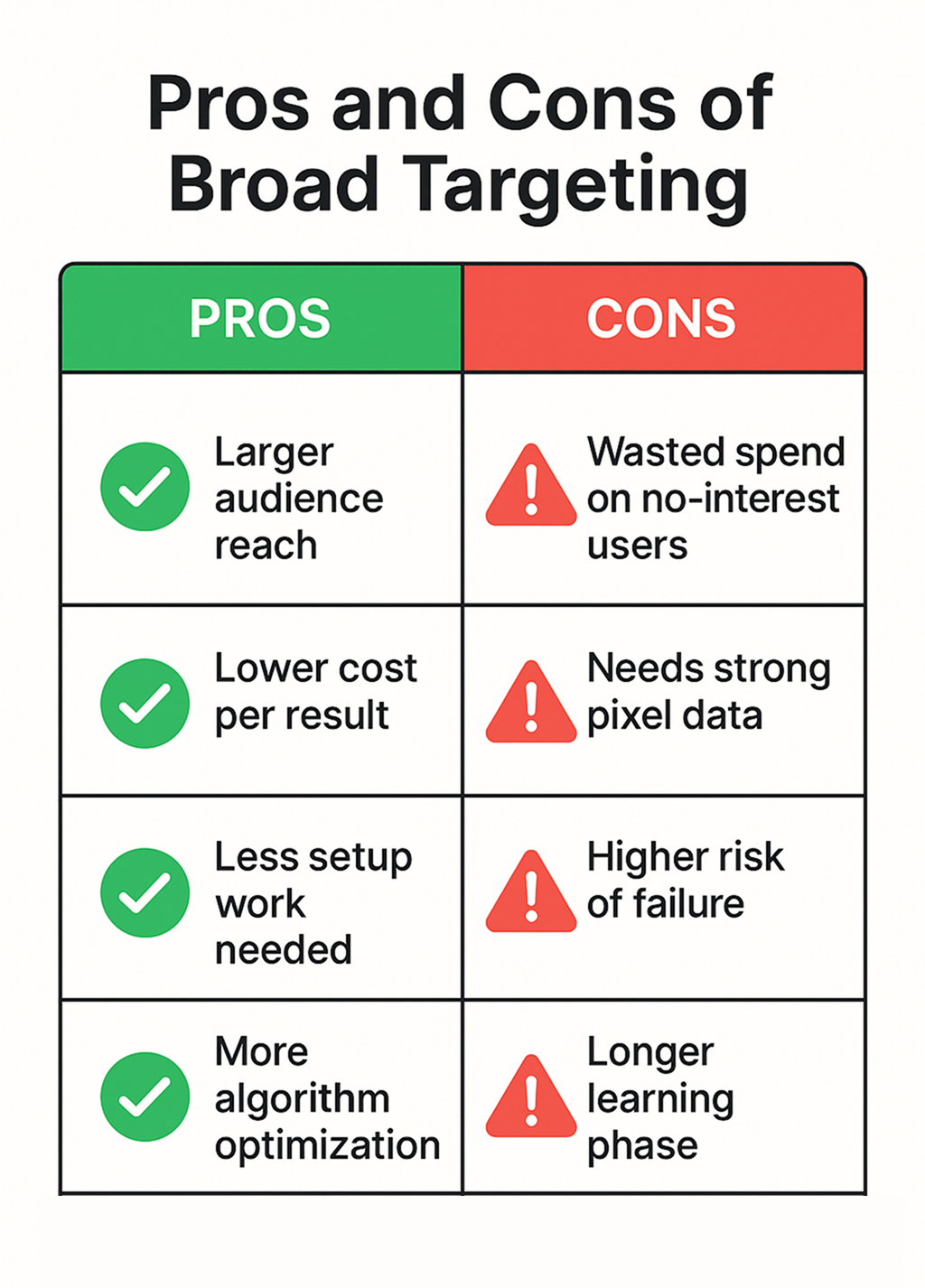 Infographic showing pros and cons of broad targeting in Meta ads, with green checkmarks for pros and red warning icons for cons.