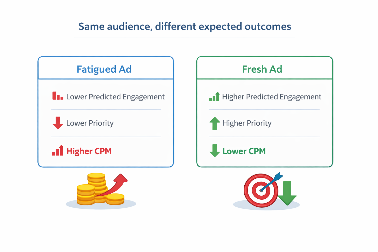 Ad auction comparison showing fatigued vs fresh creative impact on engagement, priority, and CPM