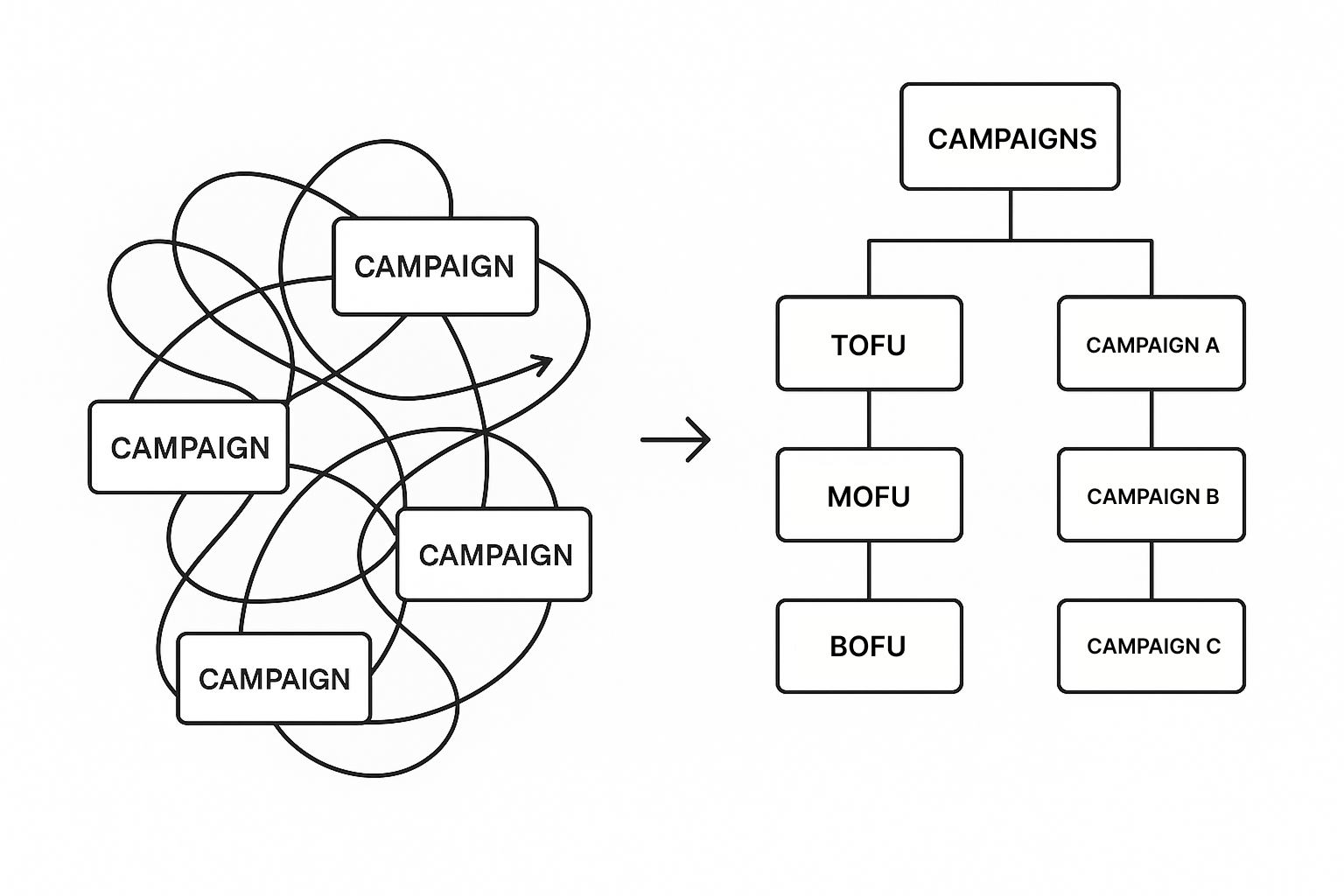 Side-by-side diagram showing a chaotic ad structure on the left and an organized TOFU–MOFU–BOFU campaign funnel on the right.