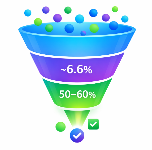 Funnel diagram showing drop-off from paid traffic to form submissions and final booked demos with typical conversion percentages