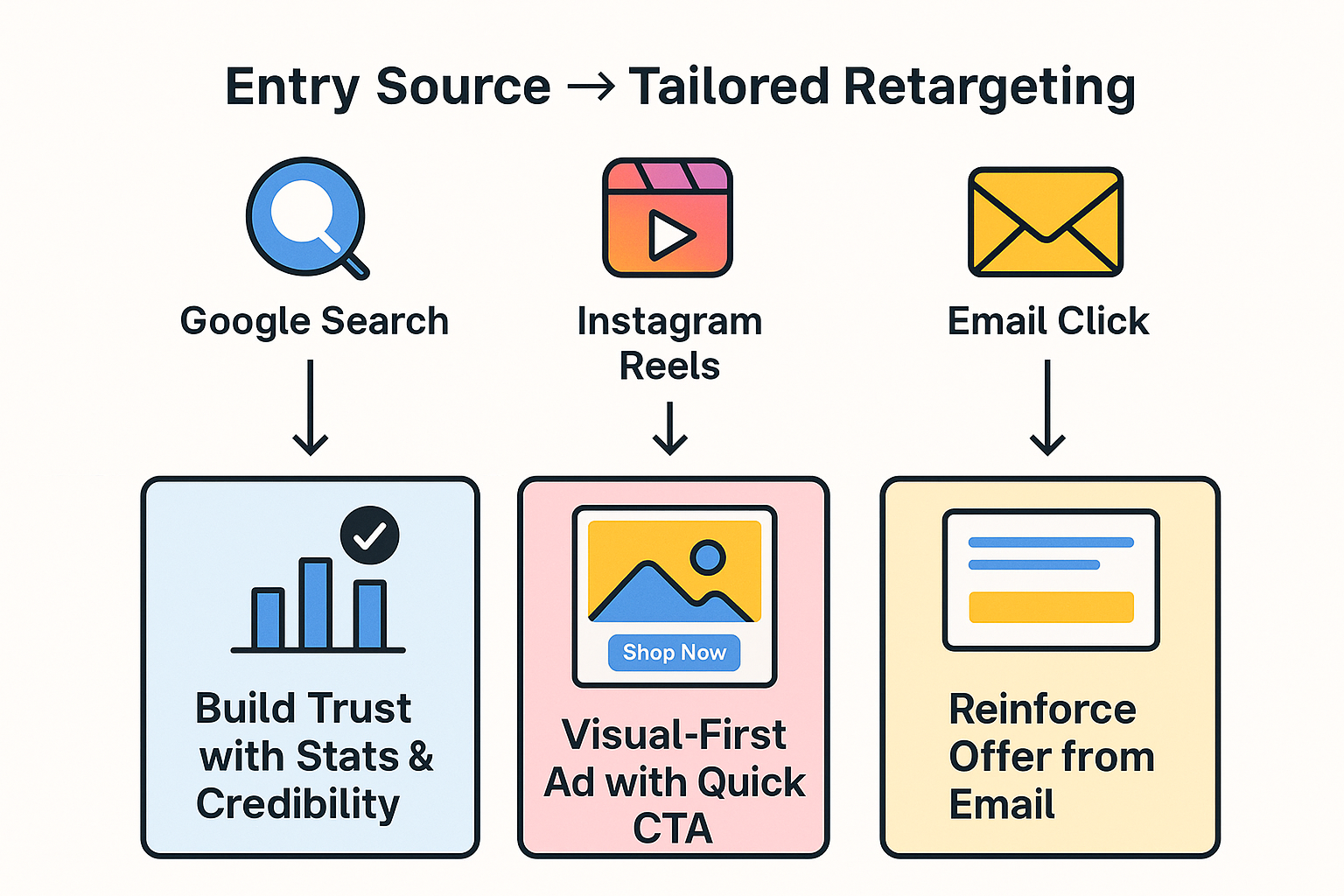 Diagram showing how different traffic sources (Google, Instagram Reels, Email) map to different retargeting messages tailored to user intent