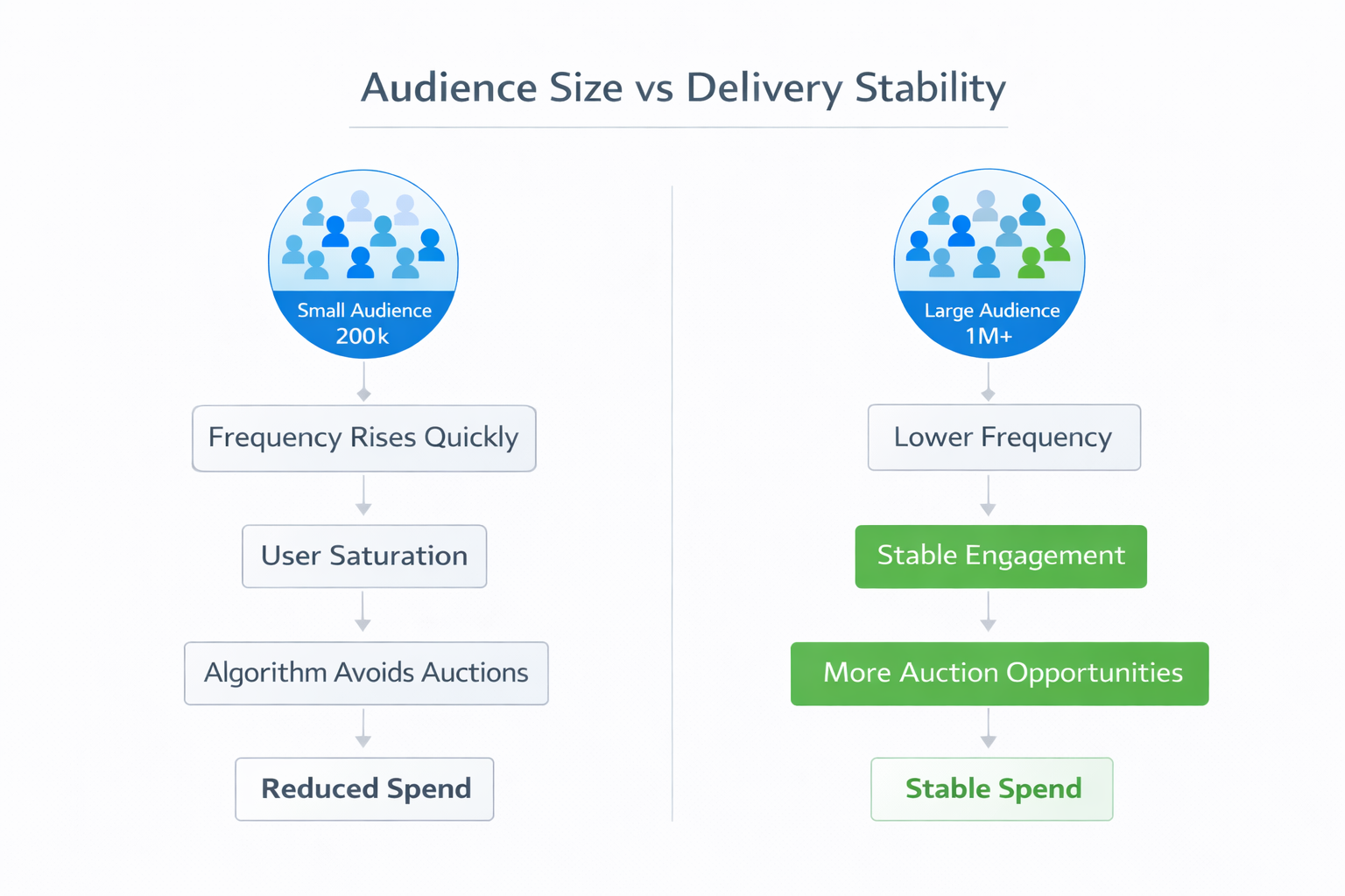 Comparison diagram showing how small audiences cause high ad frequency and reduced spend, while larger audiences enable stable delivery and spend.