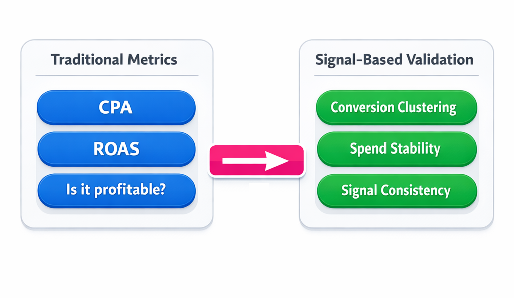 Traditional metrics vs signal-based validation comparison diagram